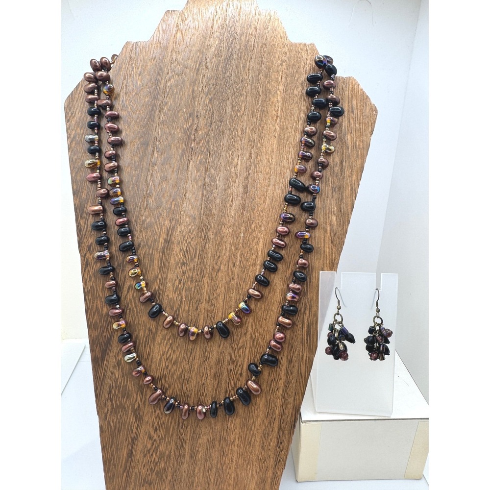 Iridescent Bronze Black Beaded Long Necklace Cluster Earrings Set Whimsygoth
